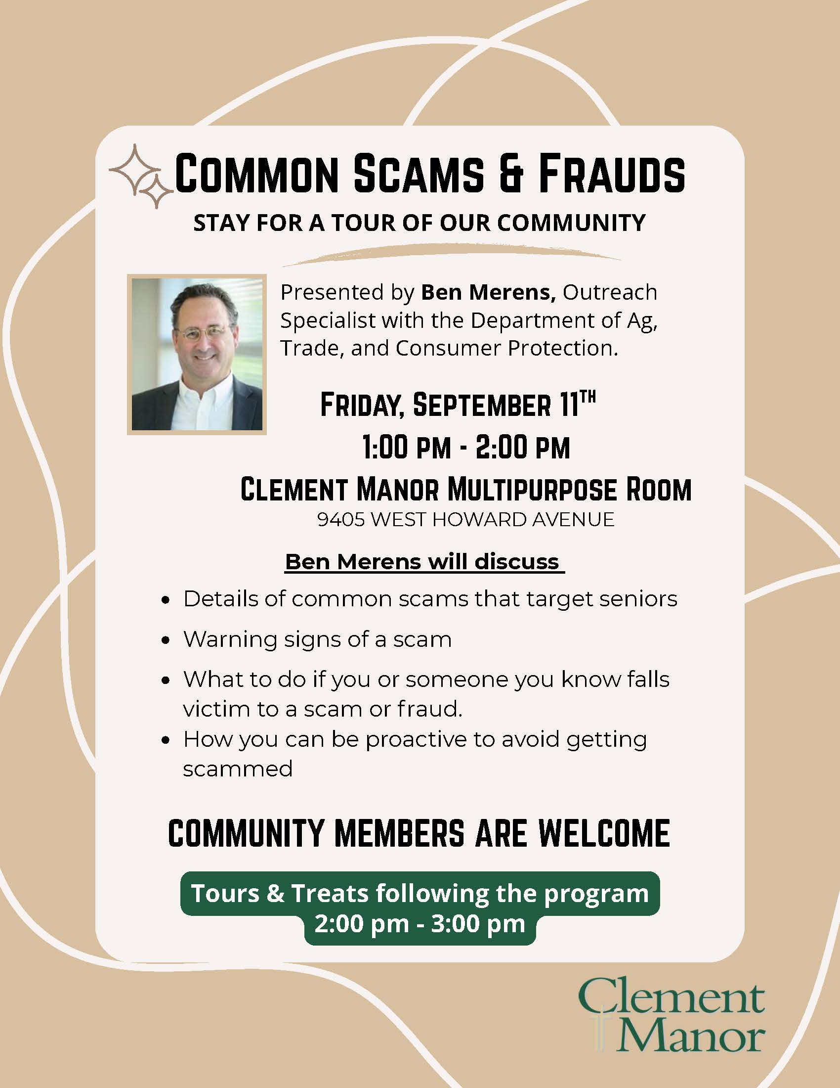 CLEMENT MANOR TO HOST EXPERT SPEAKER ON SCAMS & FRAUDS