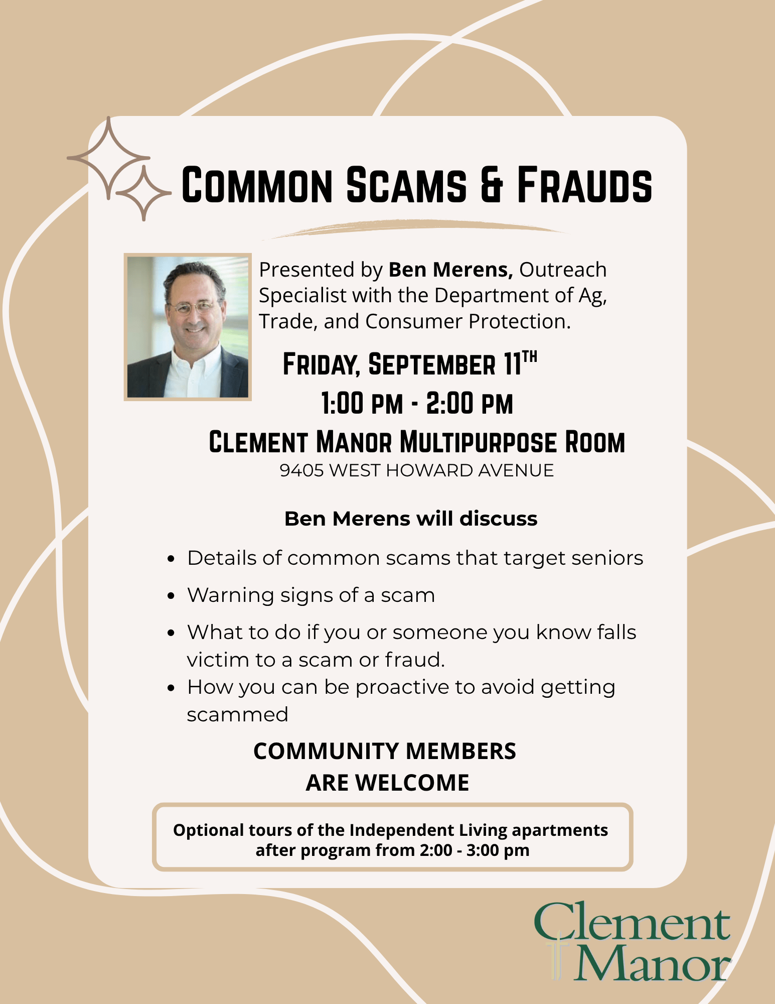 CLEMENT MANOR TO HOST EXPERT SPEAKER ON SCAMS & FRAUDS